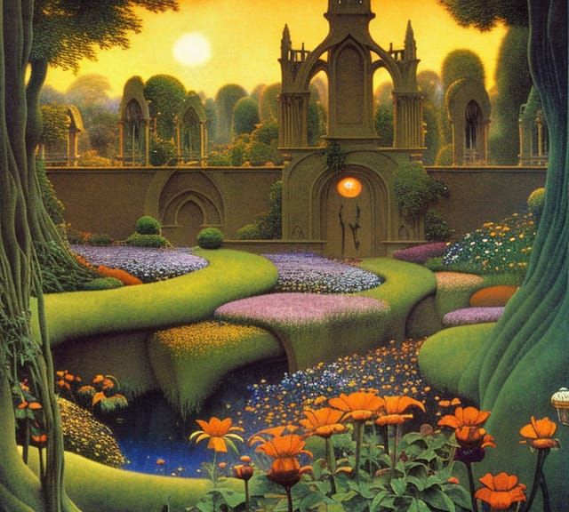 Sunrise Garden with Gothic Archways, in Art Nouveau Style
