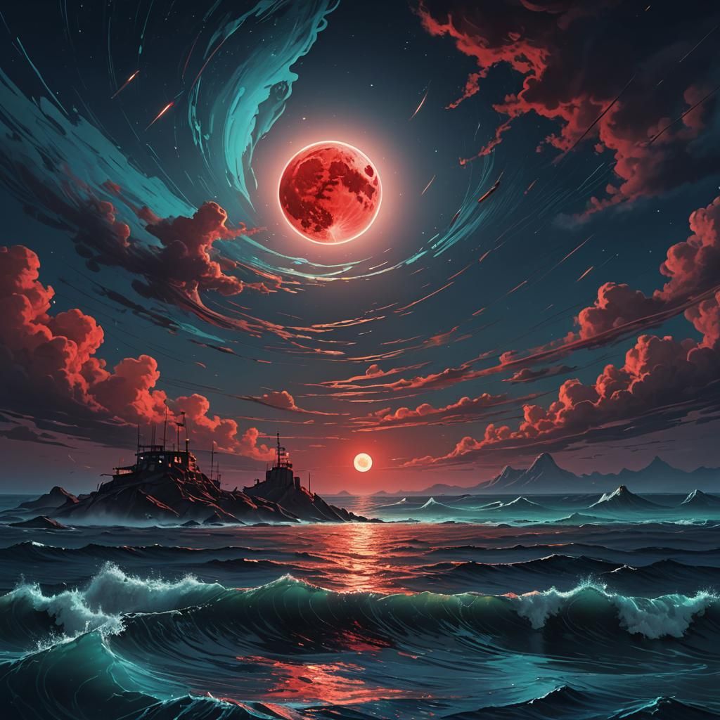 Red Moon Setting into Ocean with Shooting Stars