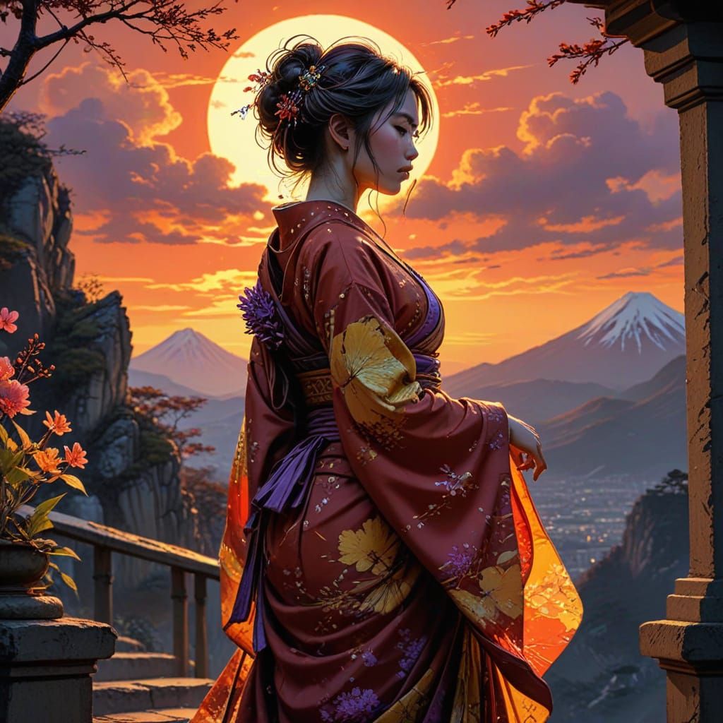 Japanese Princess in Kimono with Sunset Mountain Background