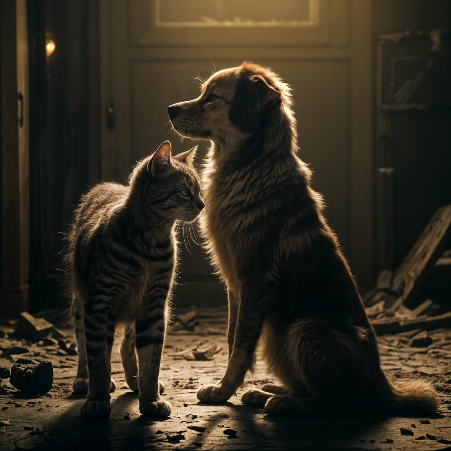 Stunning Cinematic Film Still of Kitten and Dog