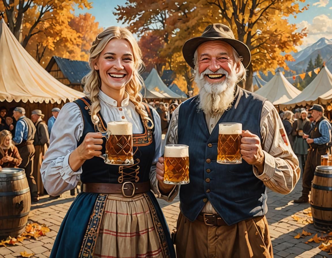 German Pair Enjoying Beer in Autumn Sunlight