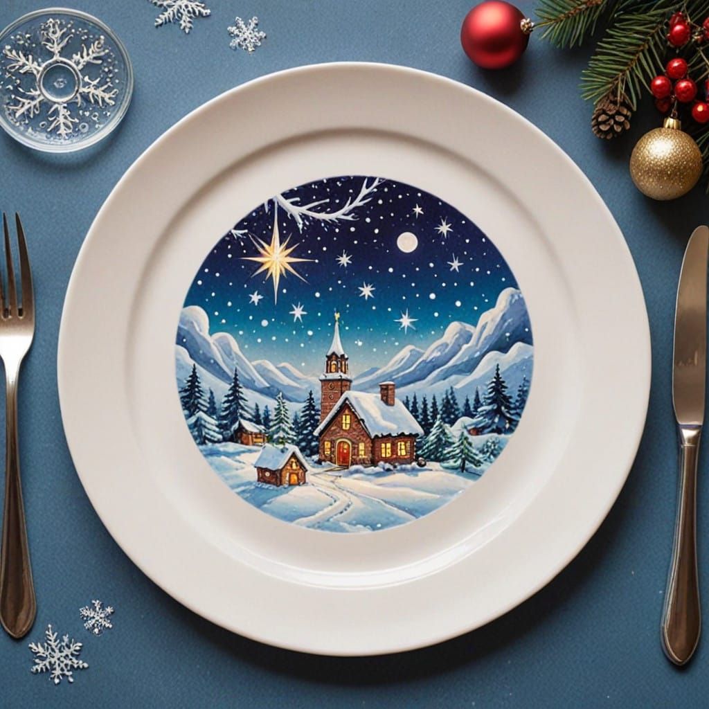Sparkling Christmas Plate in a Vibrant Watercolor Style