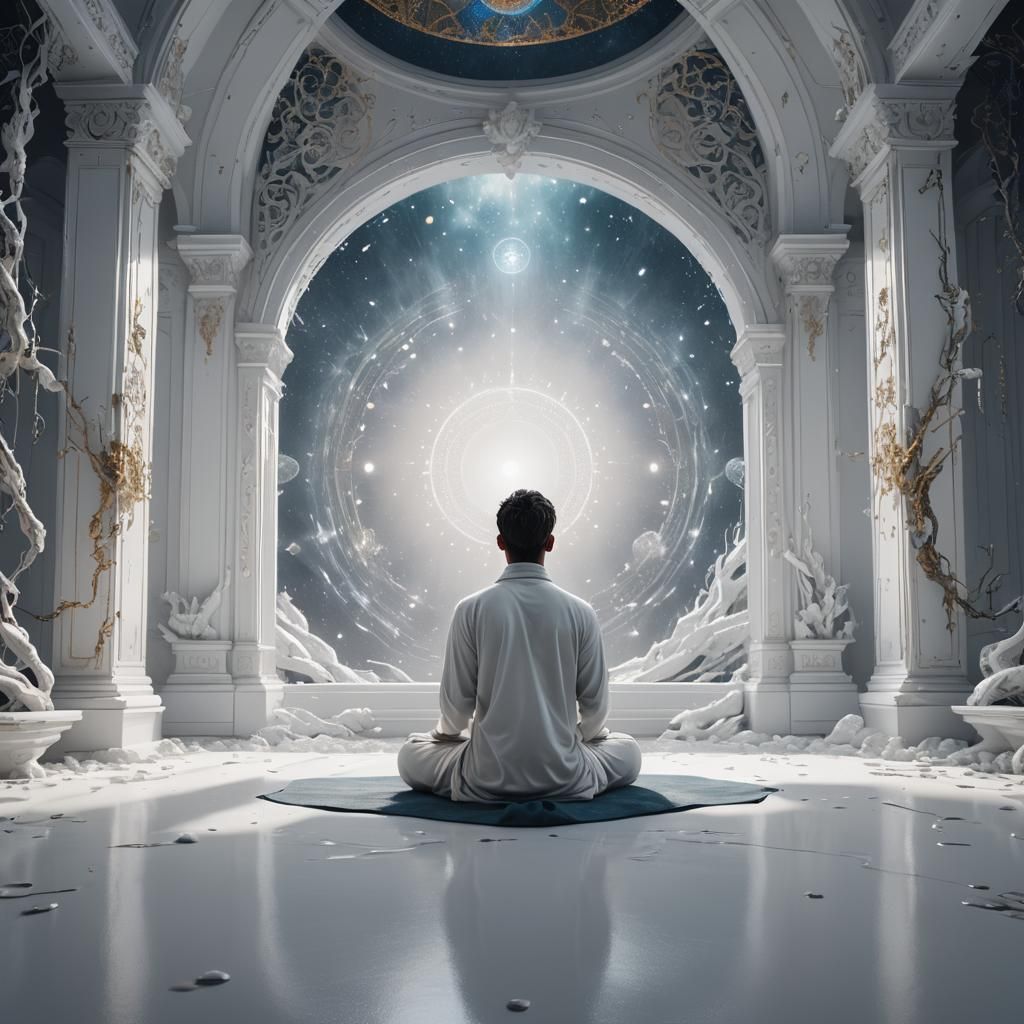 Person Meditating in White Room: Detailed Matte Painting