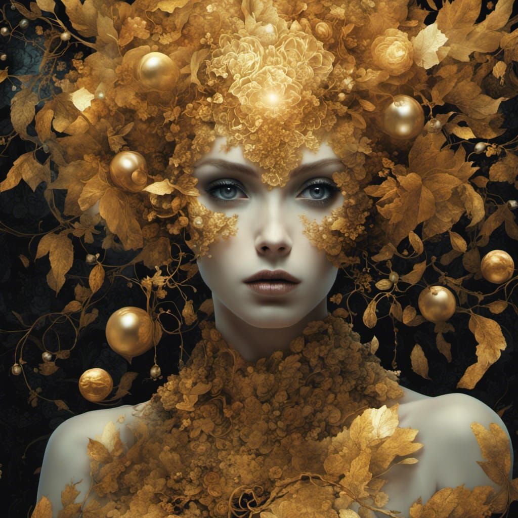 Golden Woman with Bioluminescent Glow as Art Nouveau