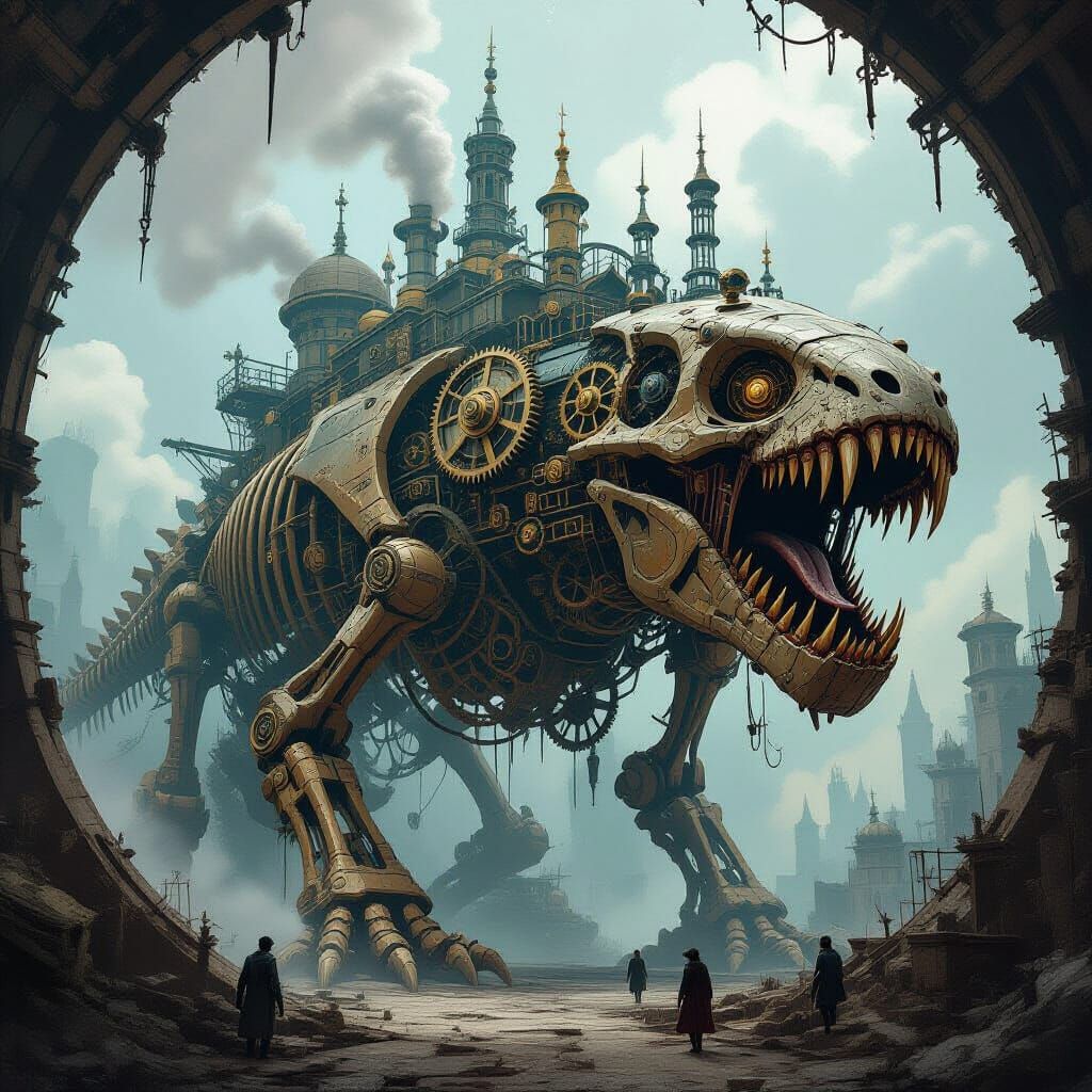 Steampunk Clockwork City Inside Giant Beast Skeleton