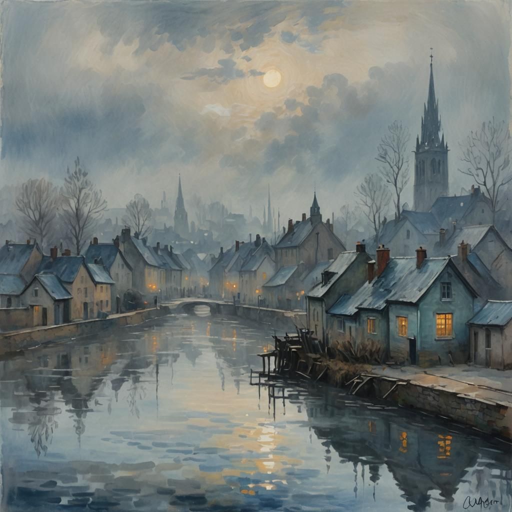 Ethereal Fog Sweeps Through Quiet Town as Impressionist Pain...