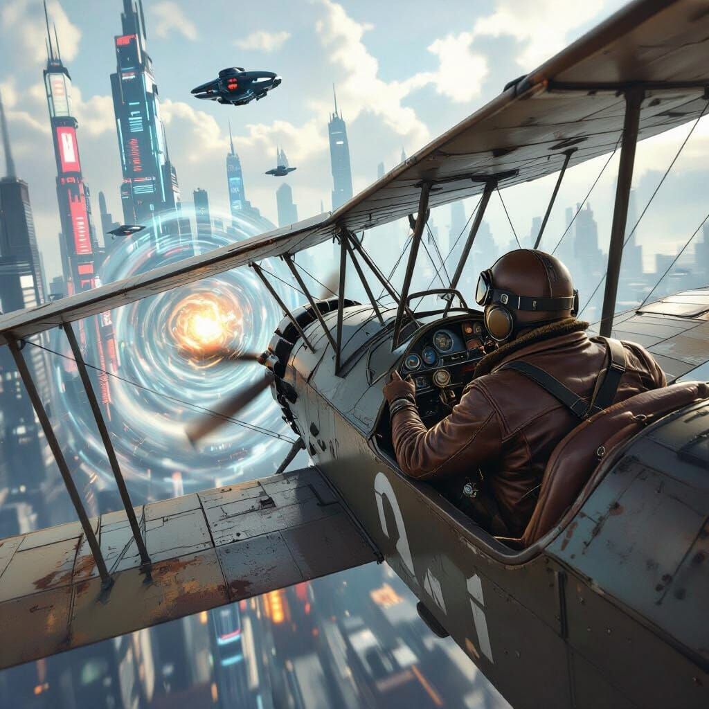 WWI Biplane Soaring Through Time Into Future City