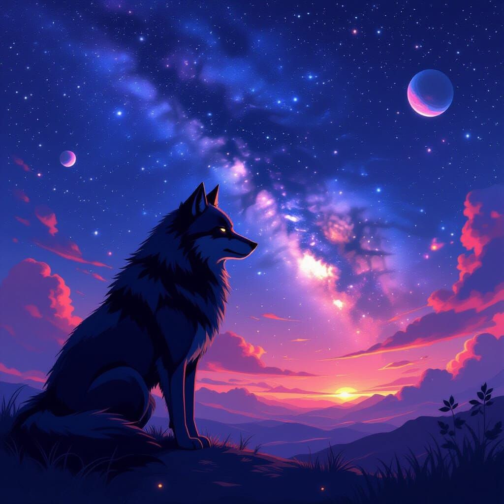 Night Wolf Gazing at Cosmic Panorama in Anime Style