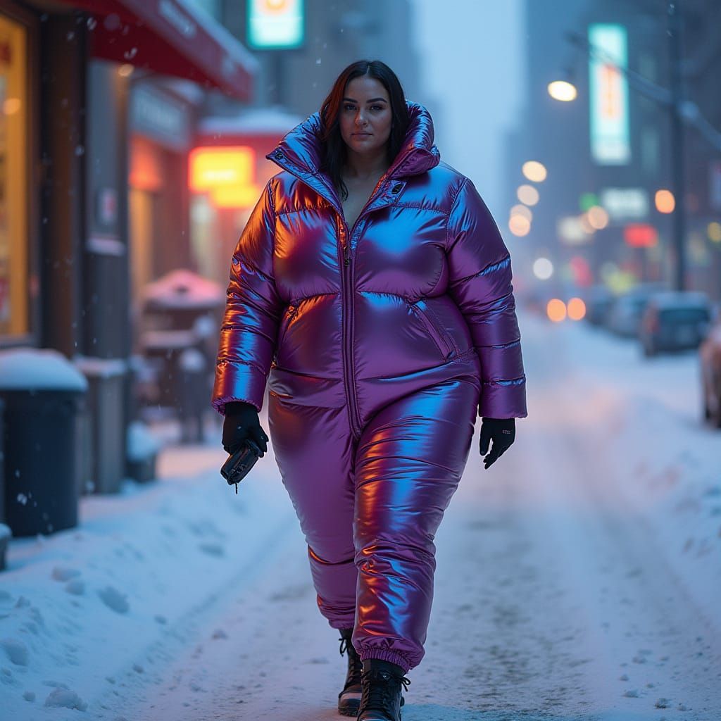 Woman in Futuristic Puffer Suit in Winter City