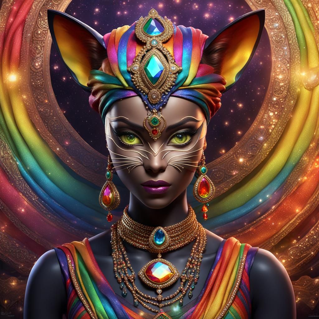 Calico Cat Woman in Rainbow Sari Digital Painting