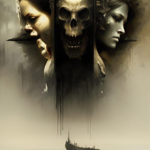 Sinister Three Wise Monkeys in Horror Art Style