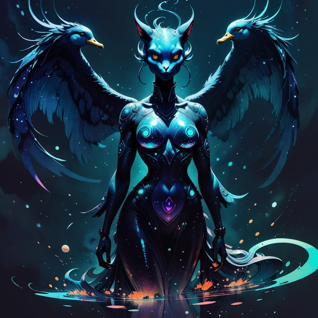 Detailed Ink Drawing of an Angry Demon Cat-Duck