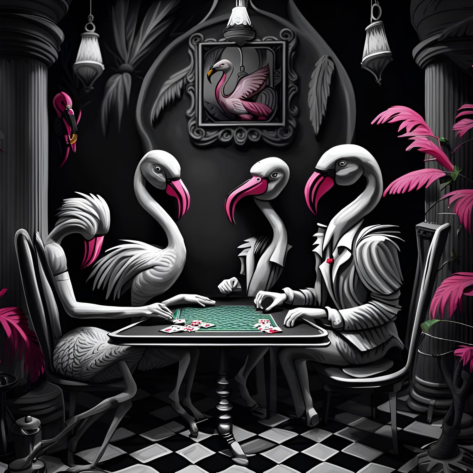 Flamingos Playing Poker in Cubist Style