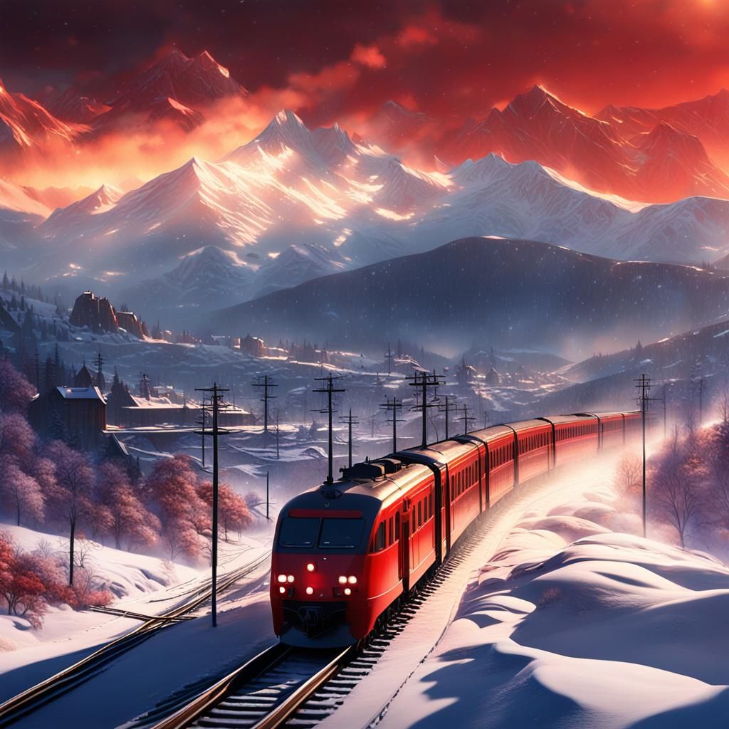 Red Train Steams Through Snowy Mountain Vista