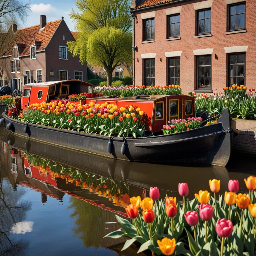 Dutch Barge with Tulips in Dutch Masters Style