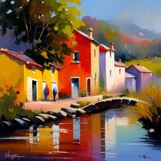 Impressionistic Village Painting with Iridescent Colors