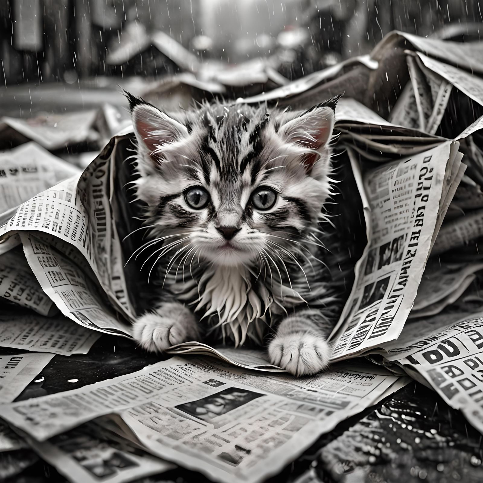 Sorrowful Kitten Hiding in the Rain, Photorealistic Art