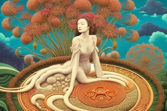 Celestial Woman in Surreal Flower Bed