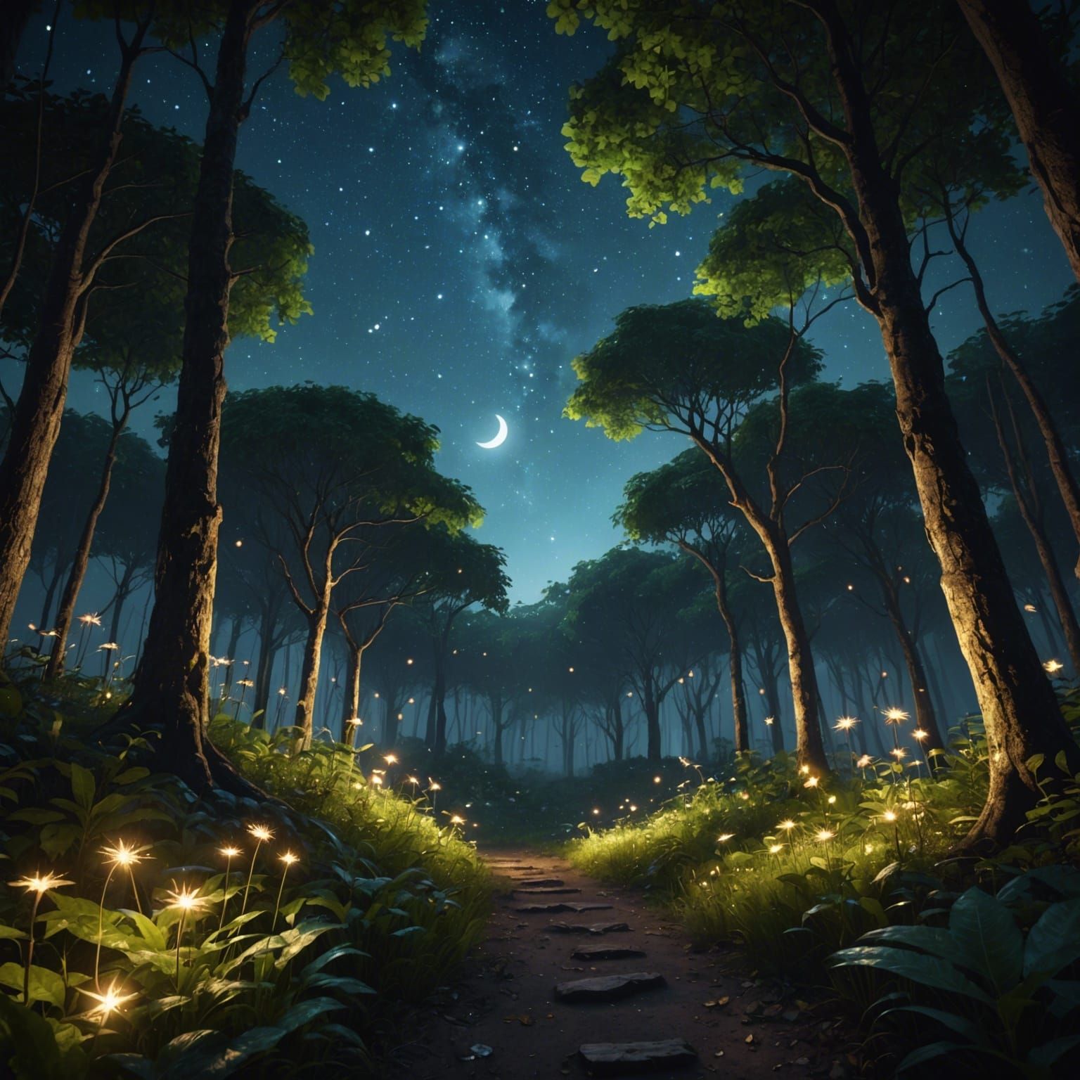 Enchanted Forest at Night with Fairies, Octane Render