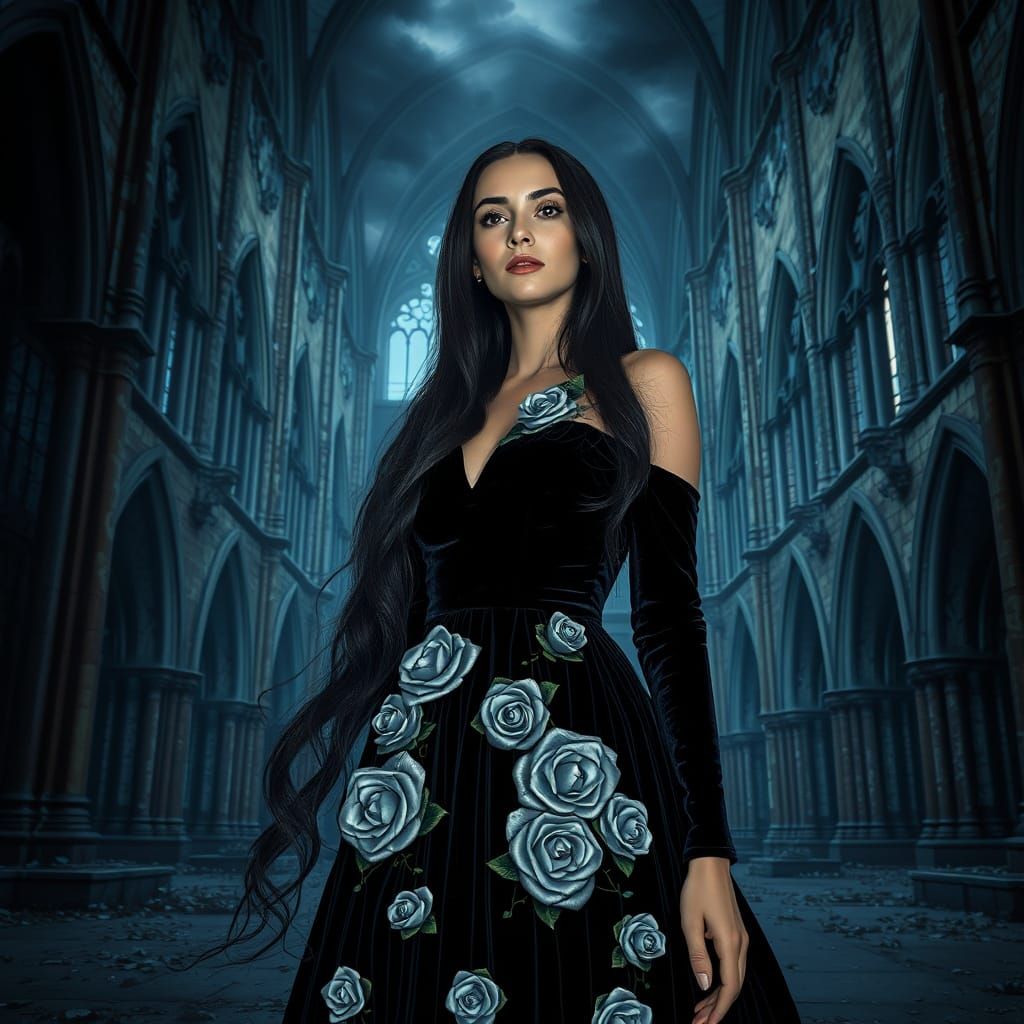 Gothic Woman in Abandoned Cathedral, Digital Art
