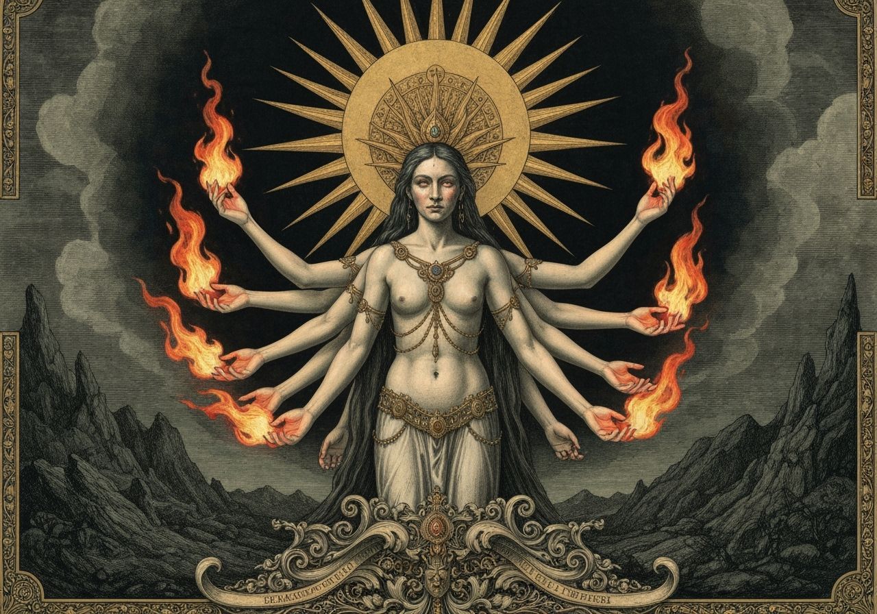 Solar Goddess of Flame in Haunting Etching Style