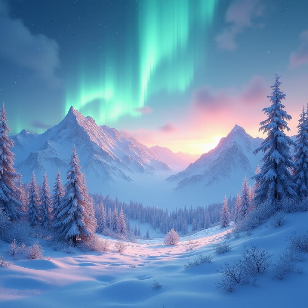 Ethereal Winter Wonderland with Northern Lights