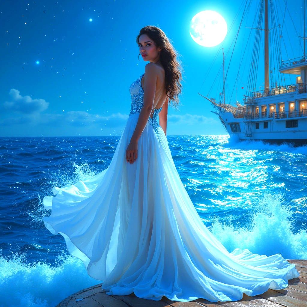 Greek Woman in Blue Dress with Ship and Moon