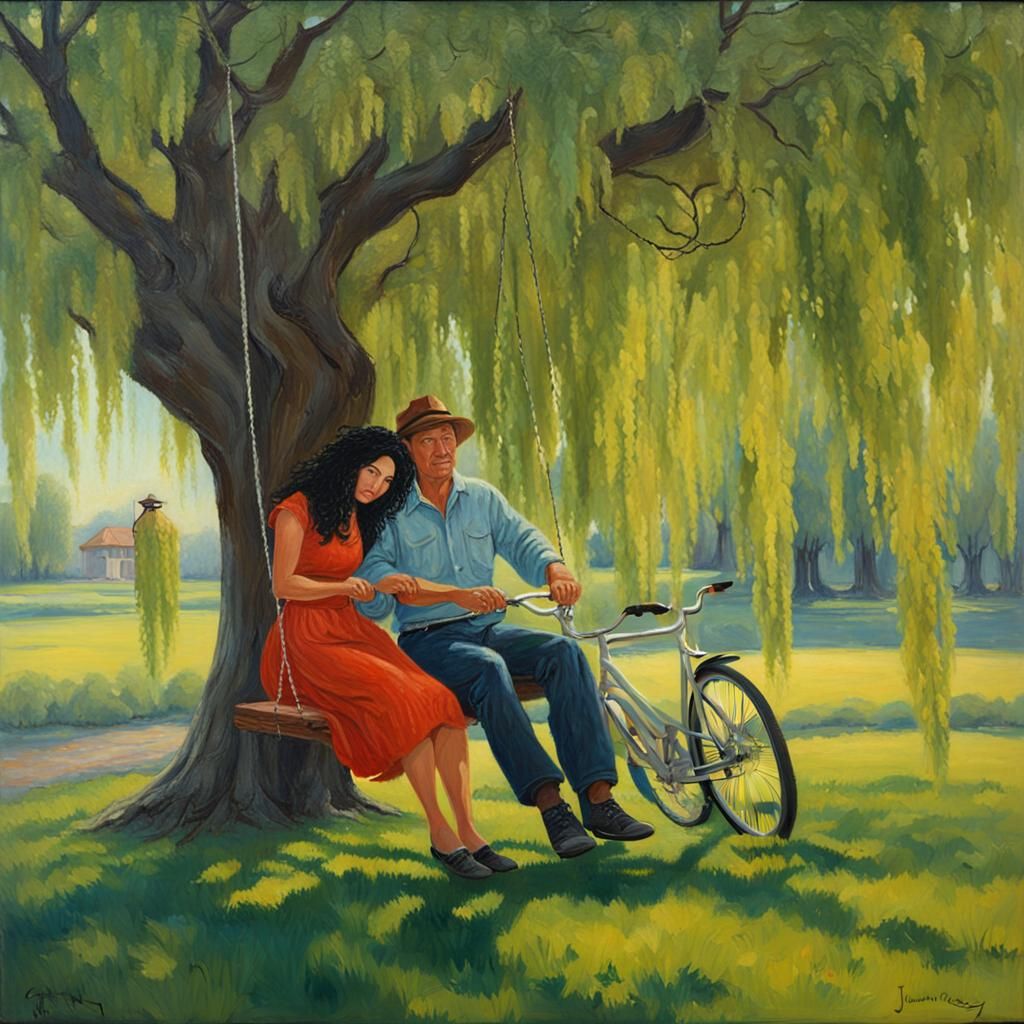 Romantic Couple on Swing, Oil Painting Style