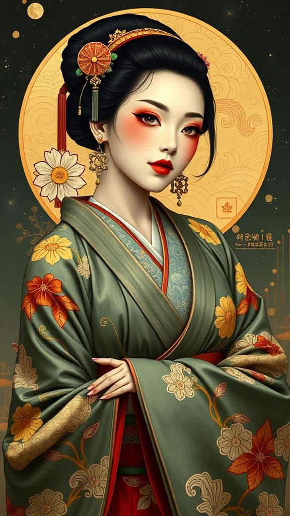 Elegant Kabuki Woman: Art Nouveau Neo-Futurism