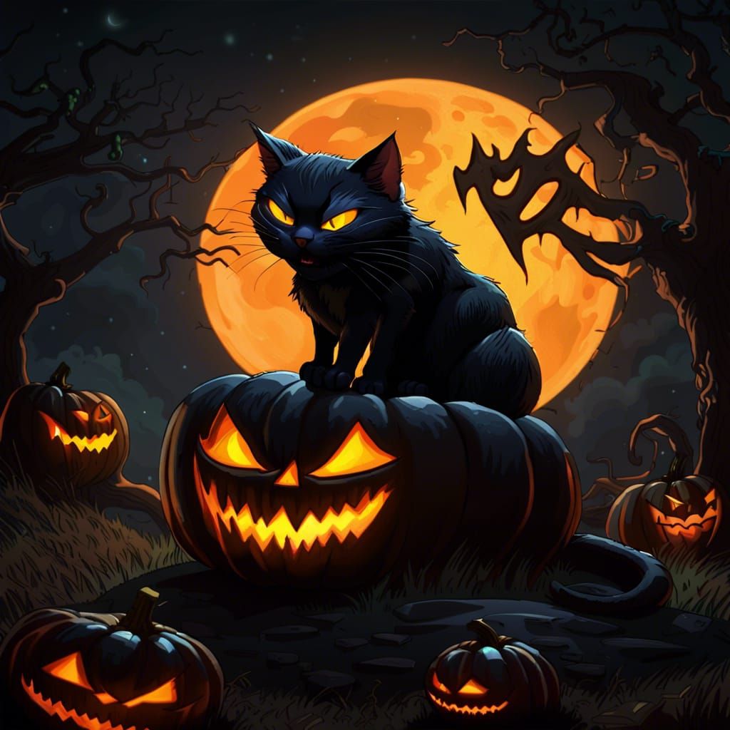Halloween Cat on Jack-o'-Lantern, Fantasy Art
