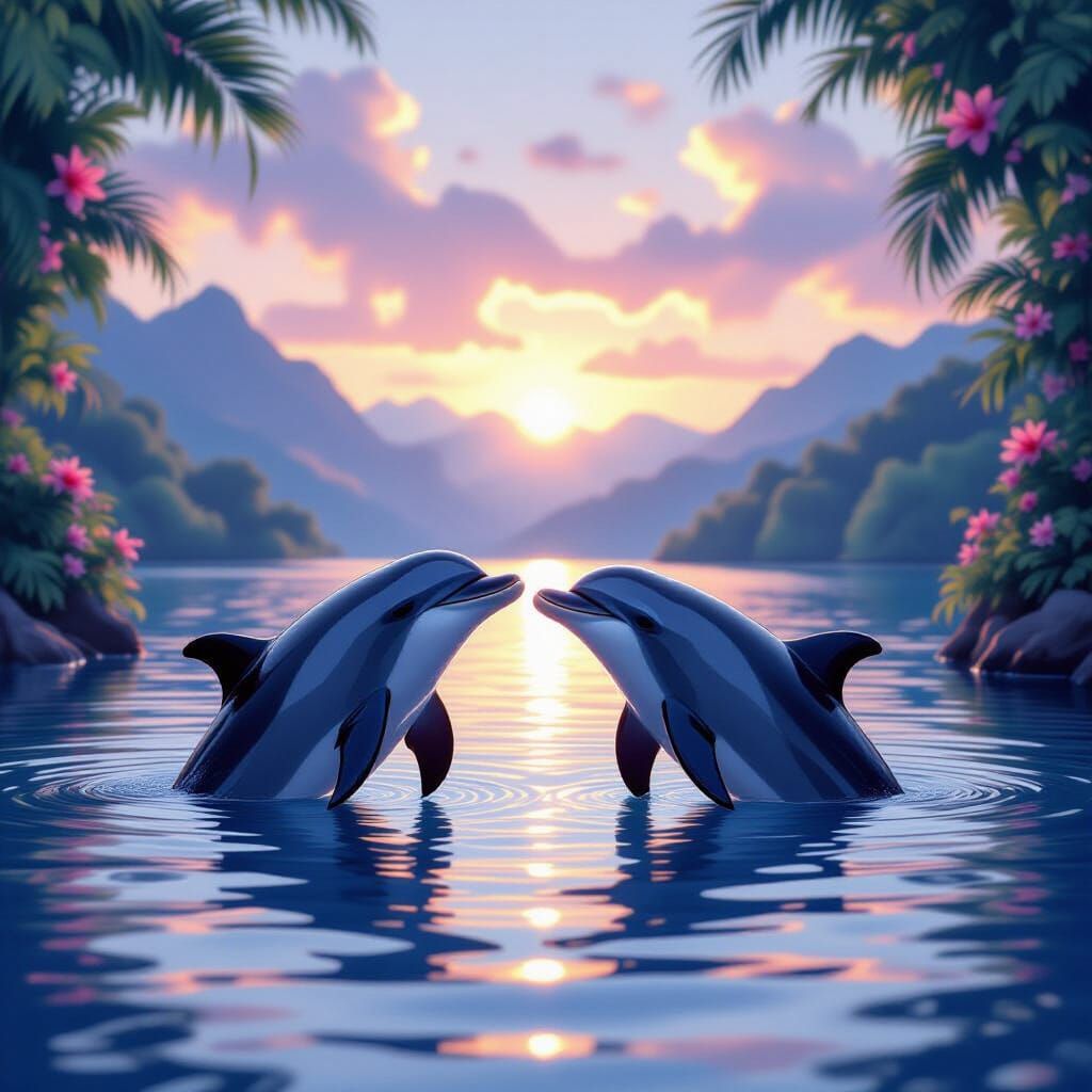 Romantic Dolphins in Calm Lake at Sunset in Painterly Style