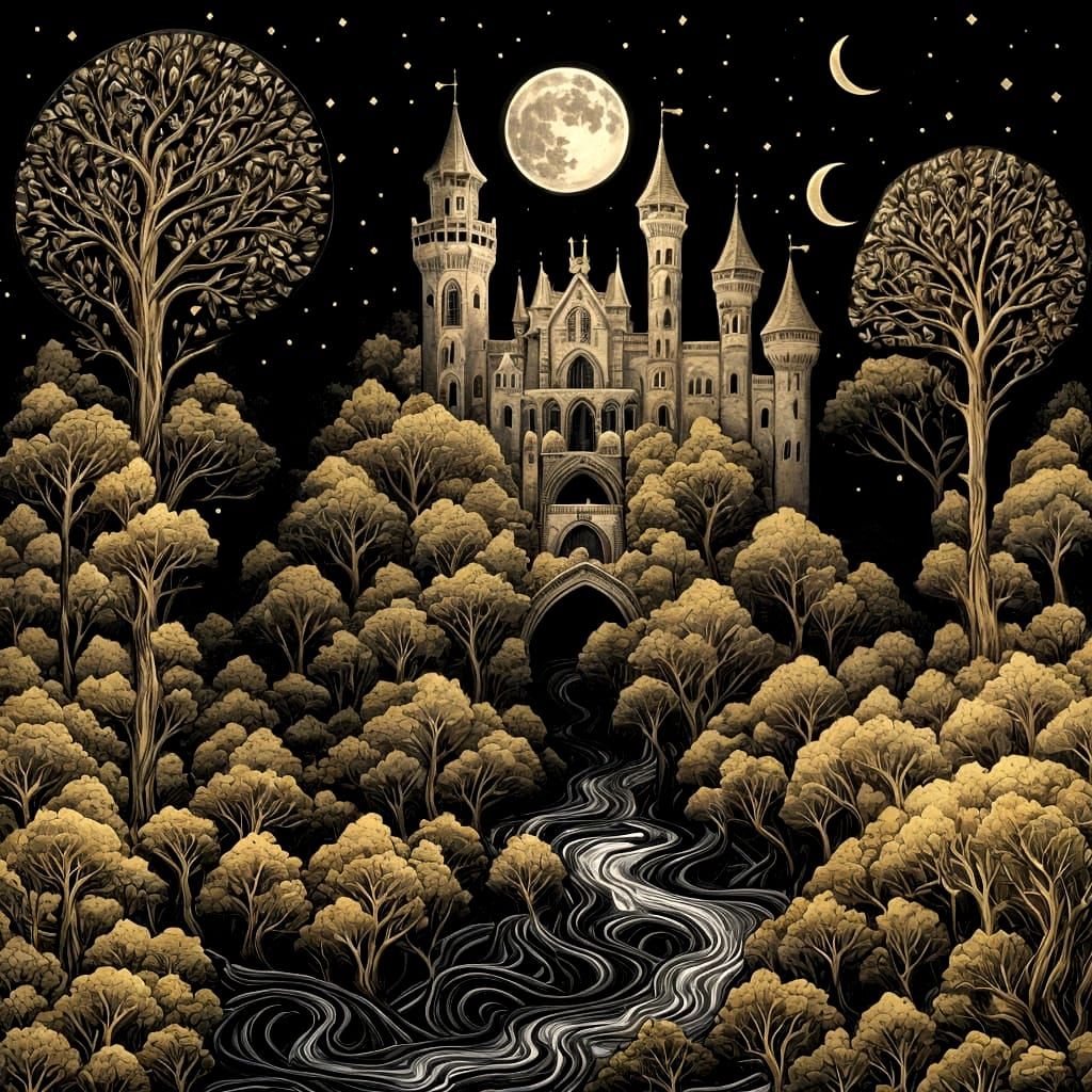 Dark Gothic Castle in Abstract with Paisley Patterns