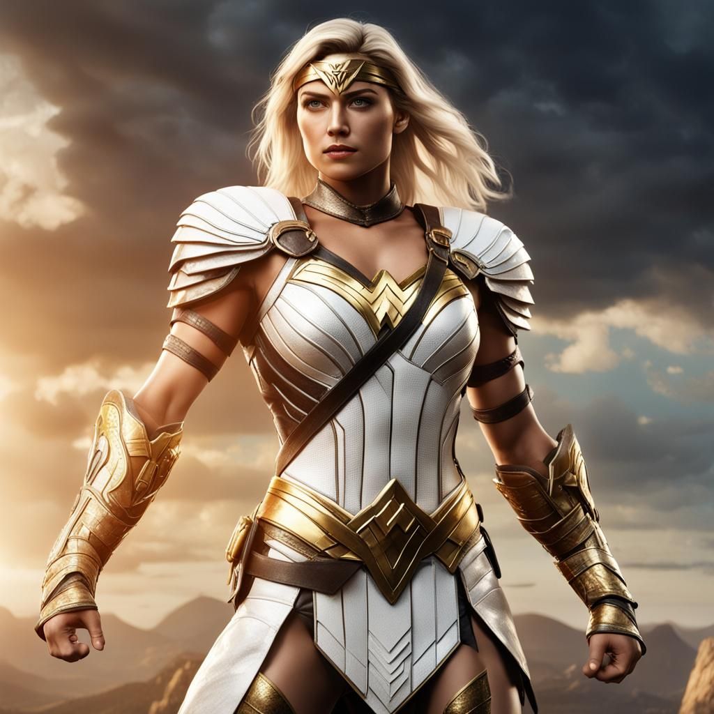 Statuesque Heroine in Gold and White Leather