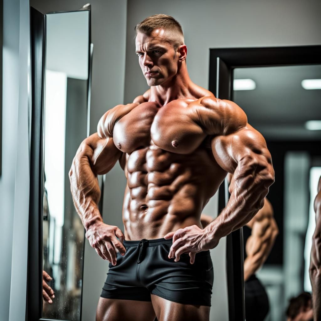 Bodybuilder Posing in Mirror