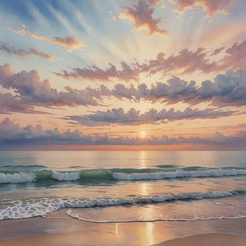 Gentle Waves at Sunset in Pastel Watercolor