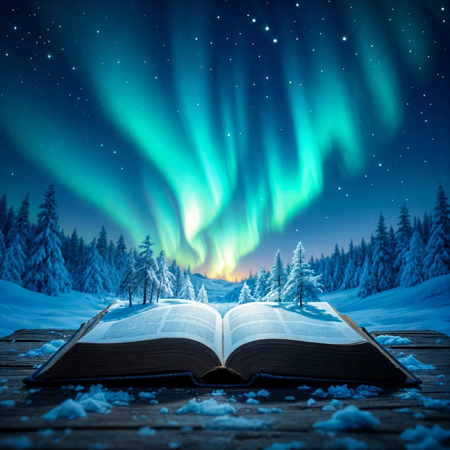 Ancient Book Births Aurora Borealis Over Snowy Forest