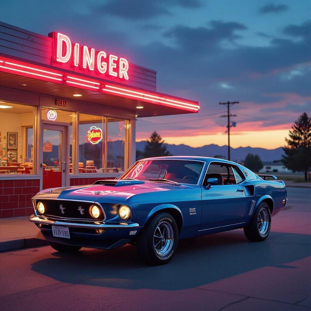 Vintage Blue Mustang at Neon Diner