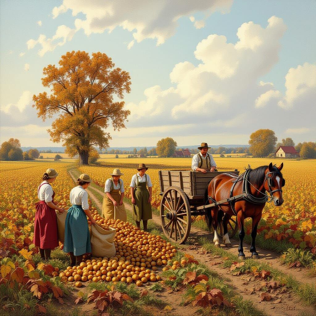 18th Century Potato Harvest Scene Oil Painting