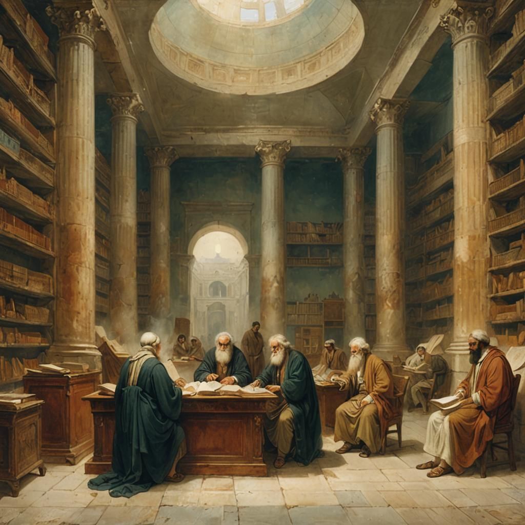 Scholars at the Library of Alexandria in Romanticism Style