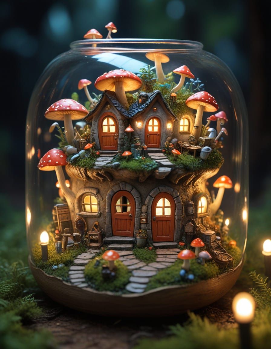 Miniature Village Inside Mushroom: Whimsical Fantasy Art