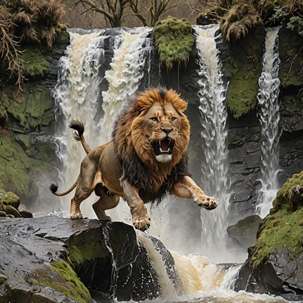 Lion Leaping Through Waterfall