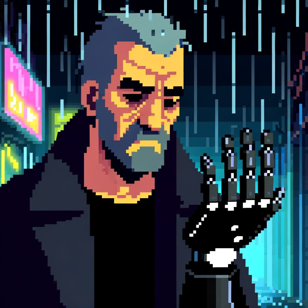 Man with Robotic Hand in 16-bit Pixel Art