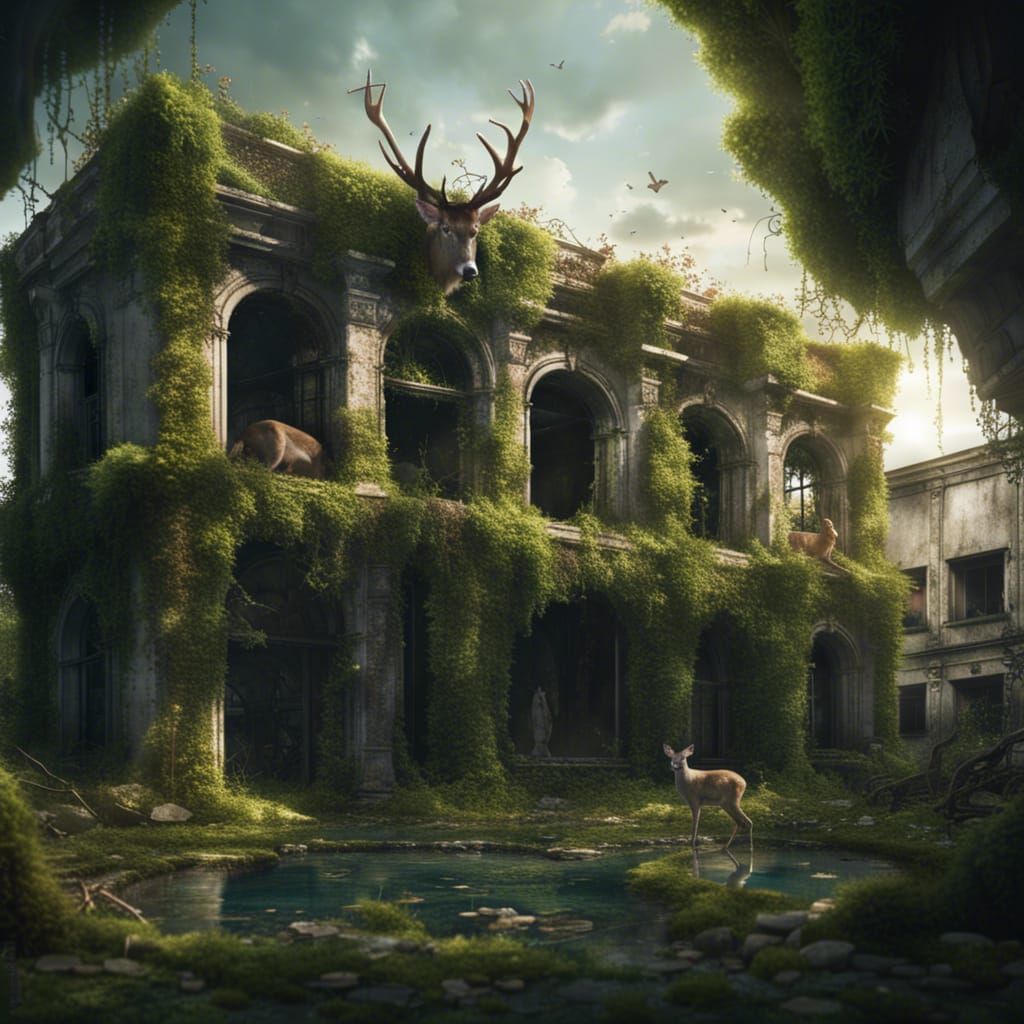 Deer at Ruined Building: Digital Matte Painting