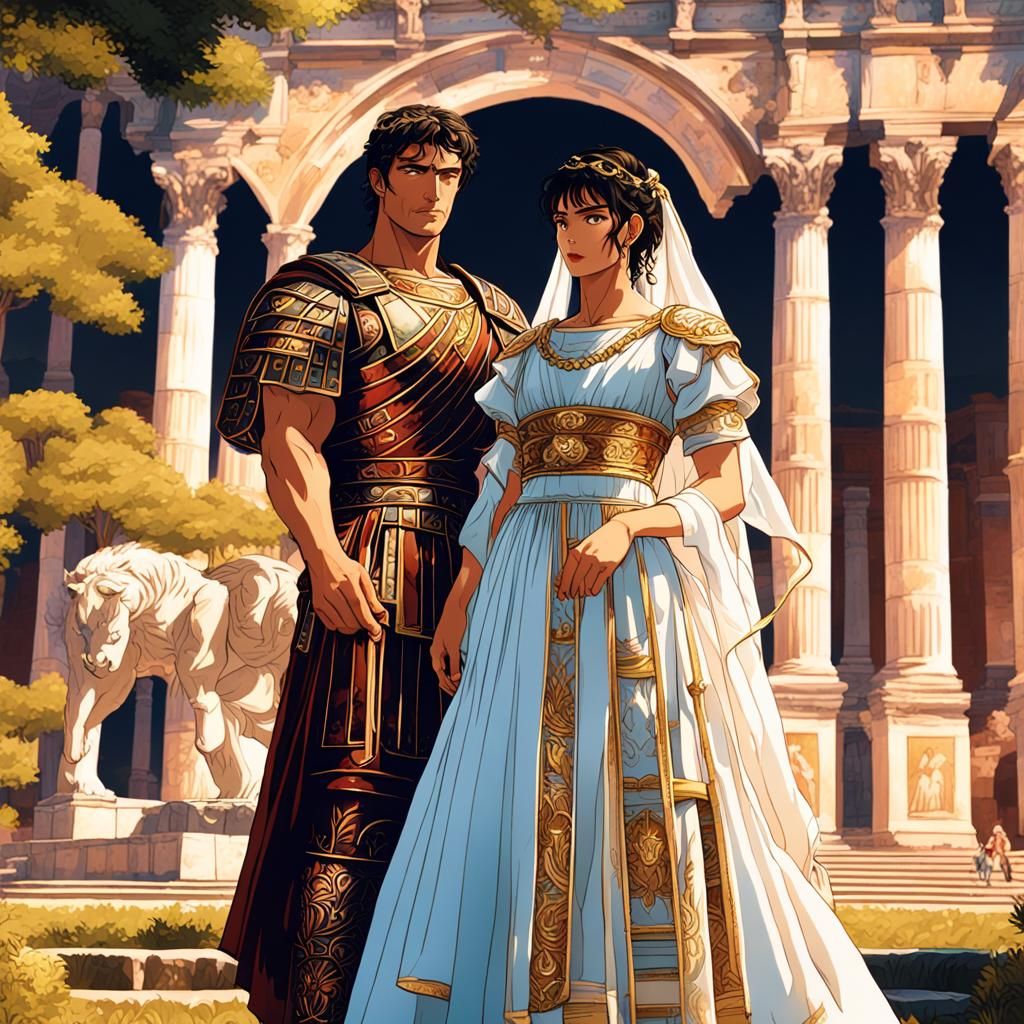 Anime Vaporwave Roman Couple in Lush Gardens