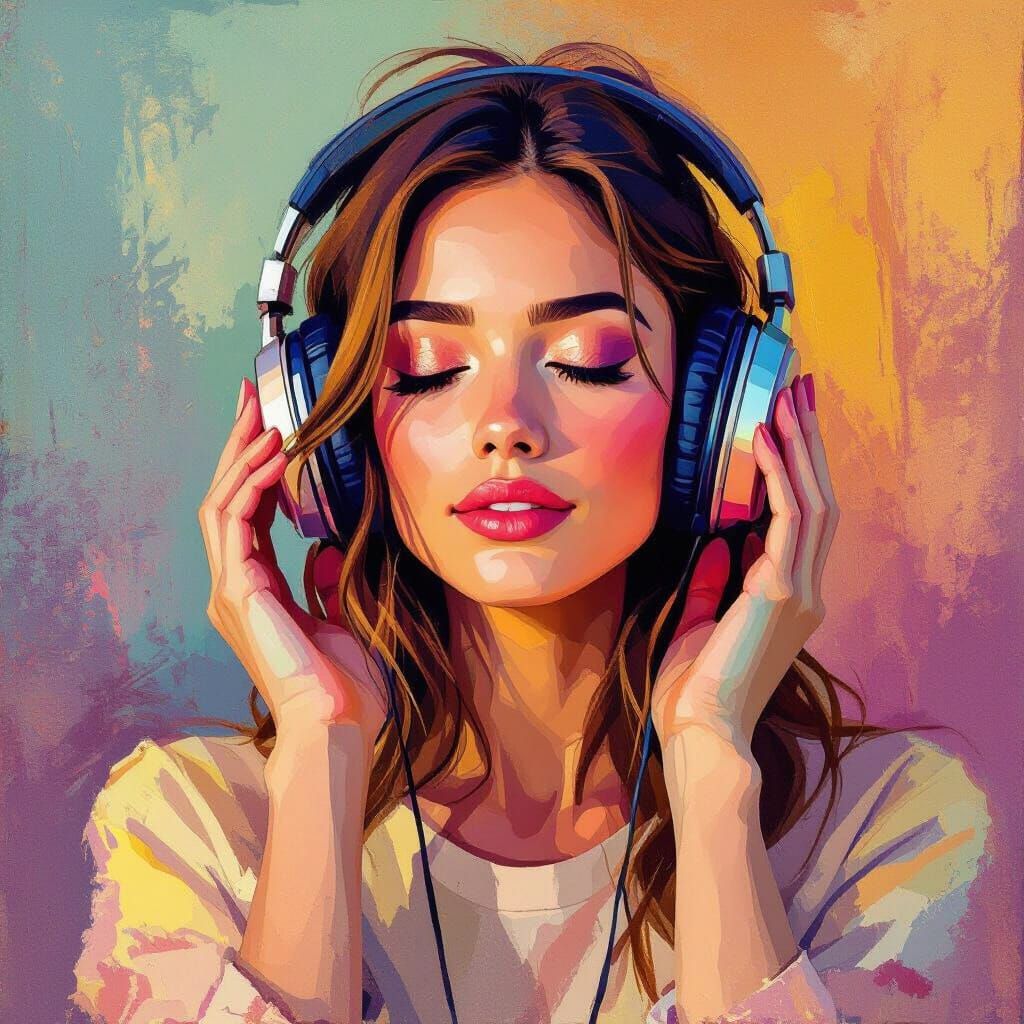 Woman Listens to Music in Vibrant Impressionistic Style