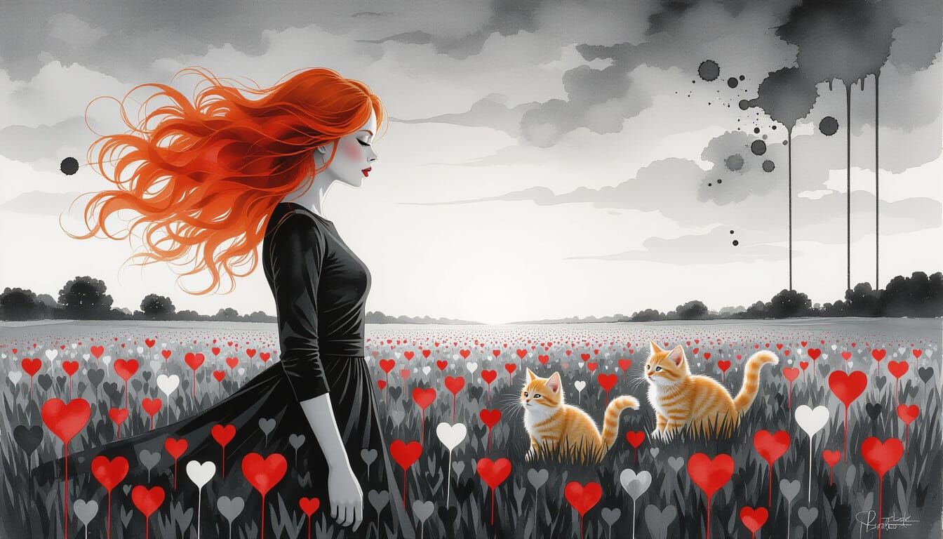 Dynamic Action Painting of Woman with Red Hair