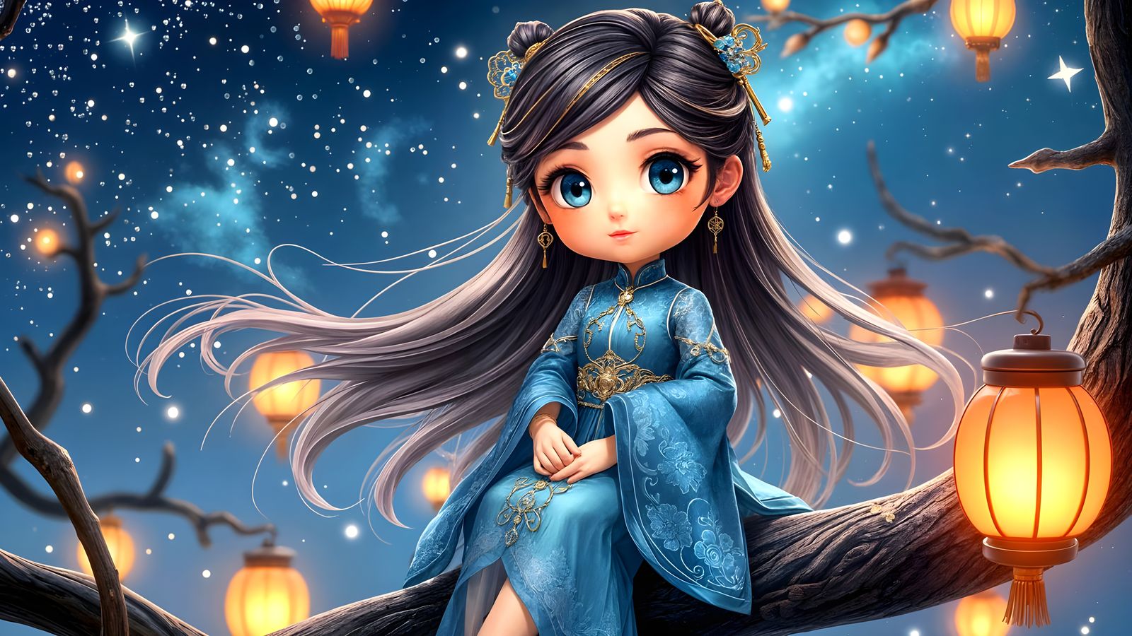 Ethereal Chinese Goddess in Blue Chibi Style