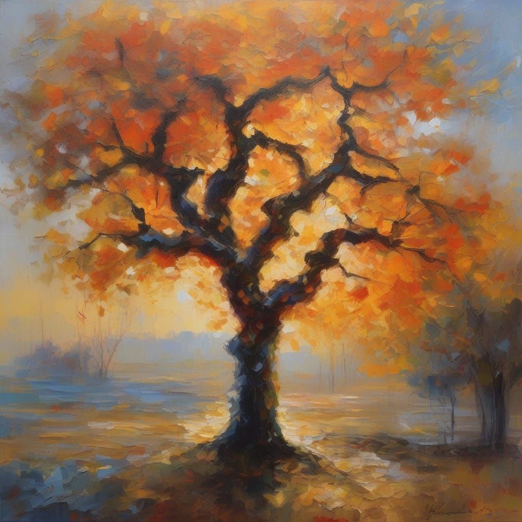 Surrealistic Blossom Tree Scene in Impressionist Style