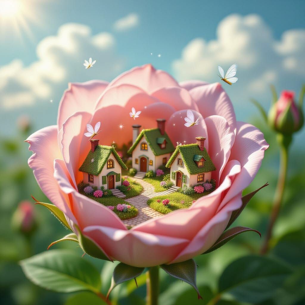 Whimsical Village Inside Giant Rose Bud
