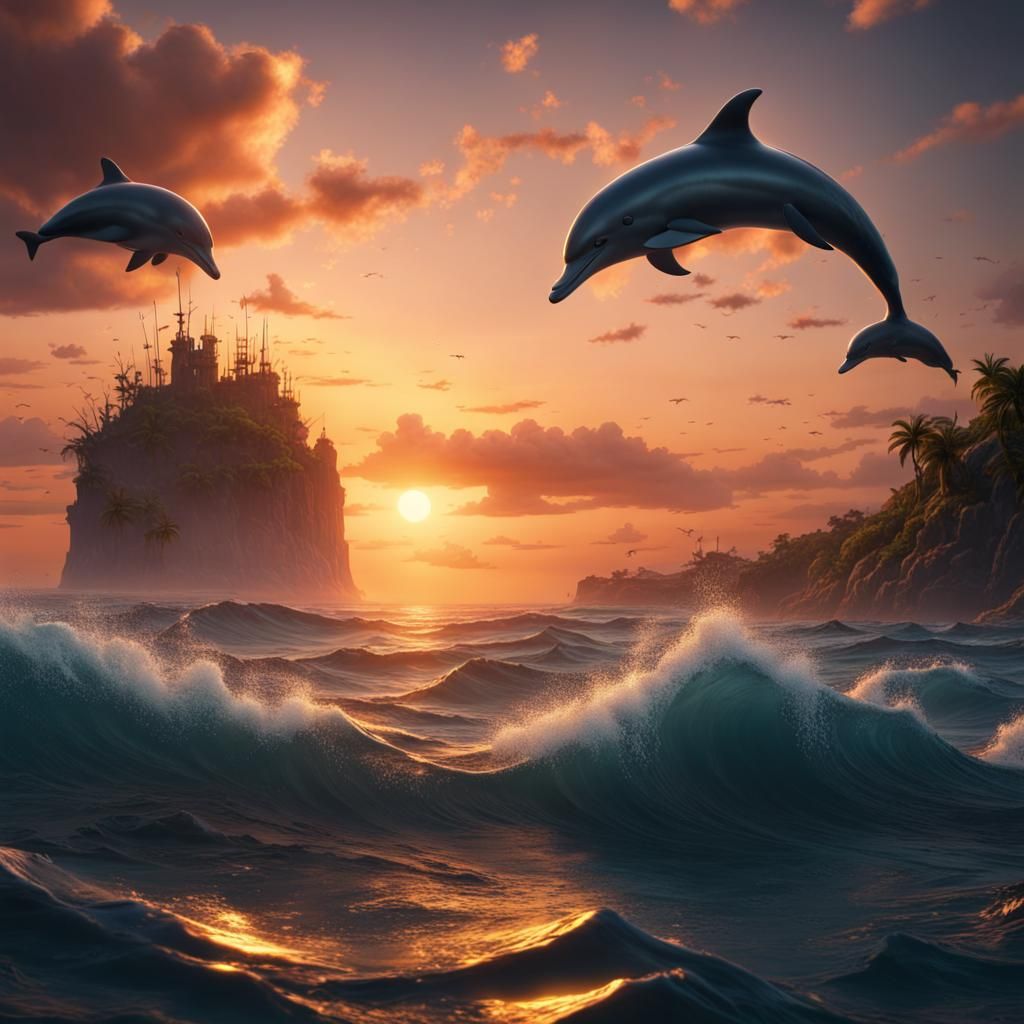 Ocean Sunset with Dolphins: Detailed Matte Painting